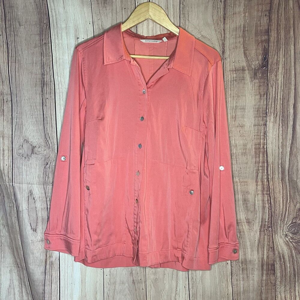 Soft Surroundings Women's Size Large Thelma Tencel Shirt Coral Pink Button Up